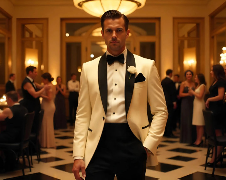 Ivory Tuxedo with Black Shawl Lapels, White Shirt and Black Pants