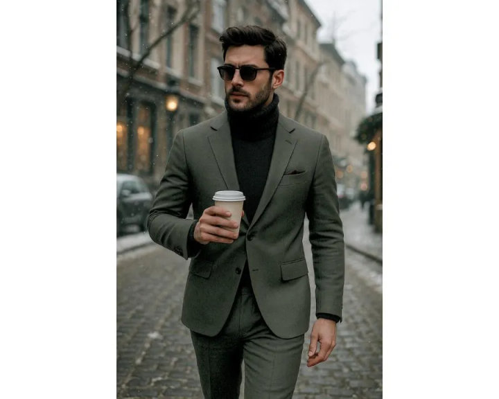 Khaki Green Linen Suit with Black Polo Neck