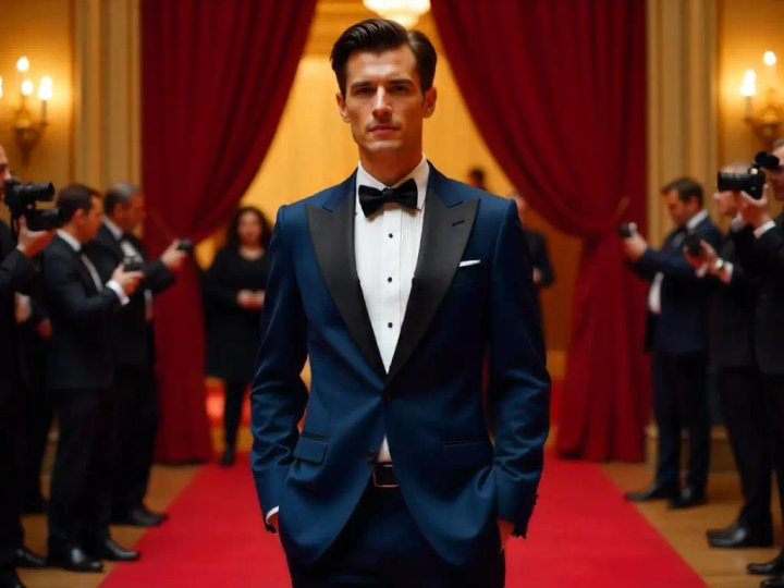 Midnight Blue Tuxedo Outfit with White Shirt and Bow Tie