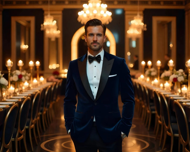 Blue Velvet Tuxedo Outfit with Black Bow Tie and Black Pants
