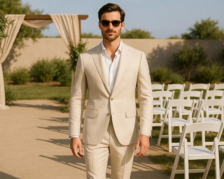 Beige Linen Summer Suit with Open-Collar White Shirt