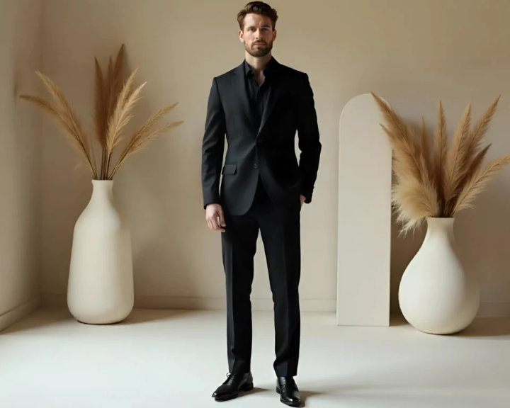 All-Black Suit with Open-Collar Black Shirt and Patent Leather Shoes