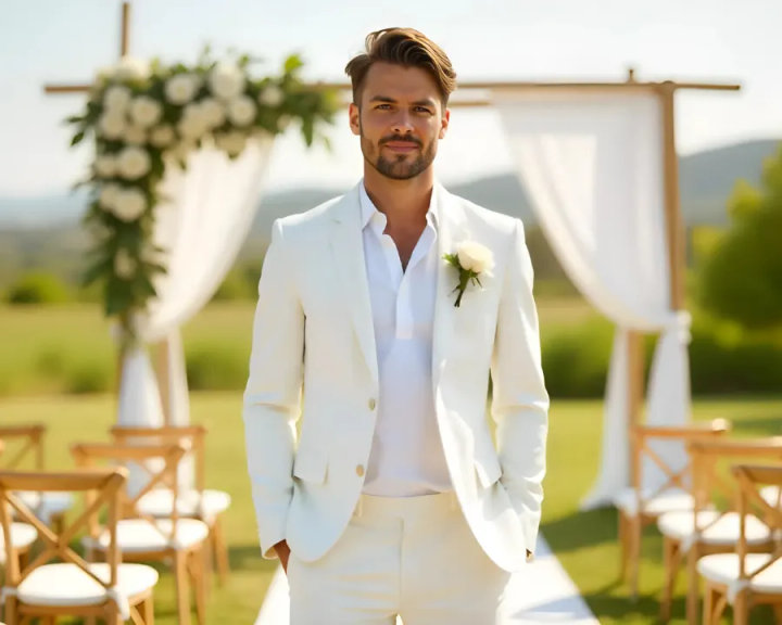 All-White Suit with Open-Collar White Shirt