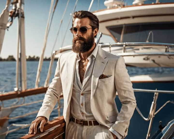 Men’s Beige Linen Suit Outfit with Open Collar Linen Shirt