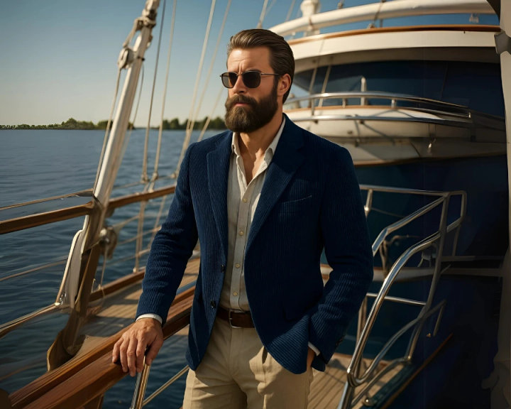 Men’s Navy Corduroy Blazer Outfit with Khaki Pants and White Shirt