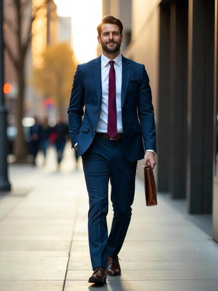 Navy Suit with White Shirt and Maroon Tie