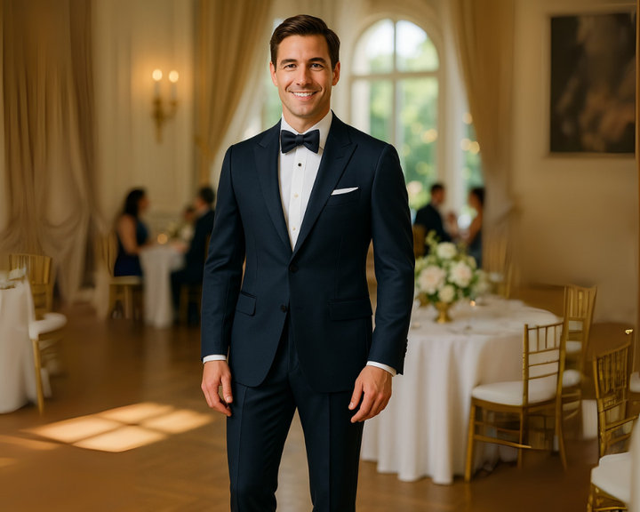 Midnight Blue Tuxedo with White Shirt and Black Bow Tie