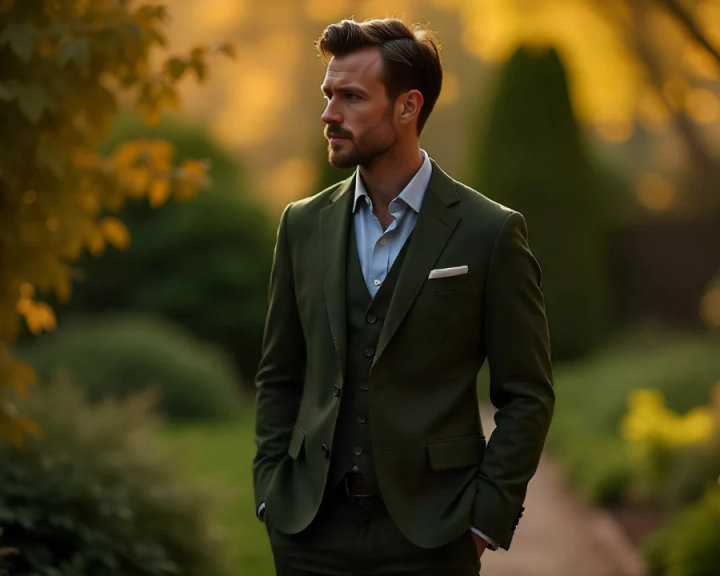 Olive Green Three-Piece Suit with Open-Collar Shirt