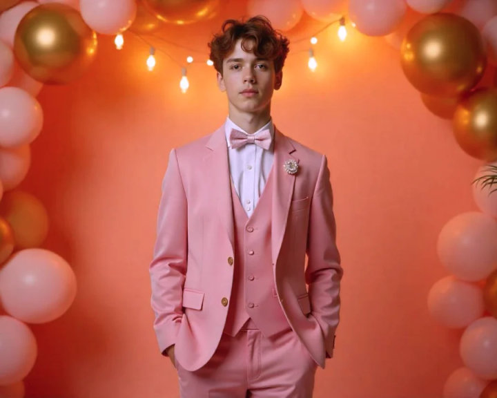 Pink Three-Piece Prom Suit with Pink Shirt and Bow Tie