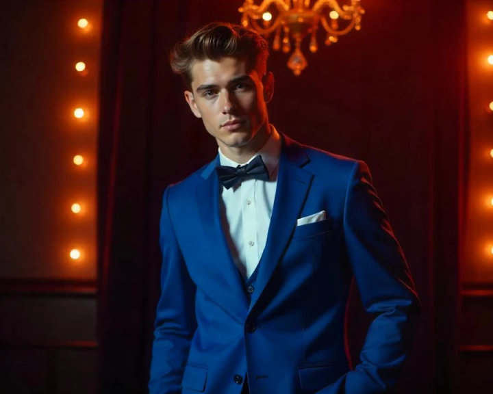 Royal Blue Three-Piece Suit with White Shirt and Blue Bow Tie