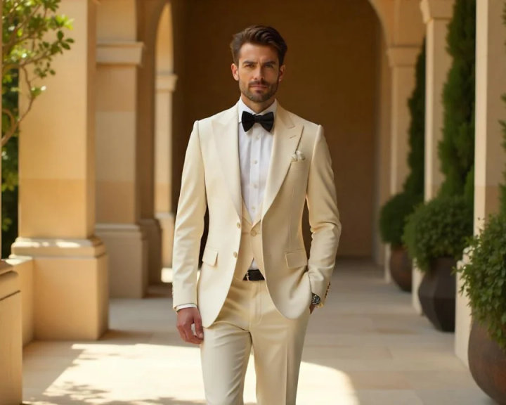 Ivory Three-Piece Wool Suit with White Shirt and Black Bow Tie.