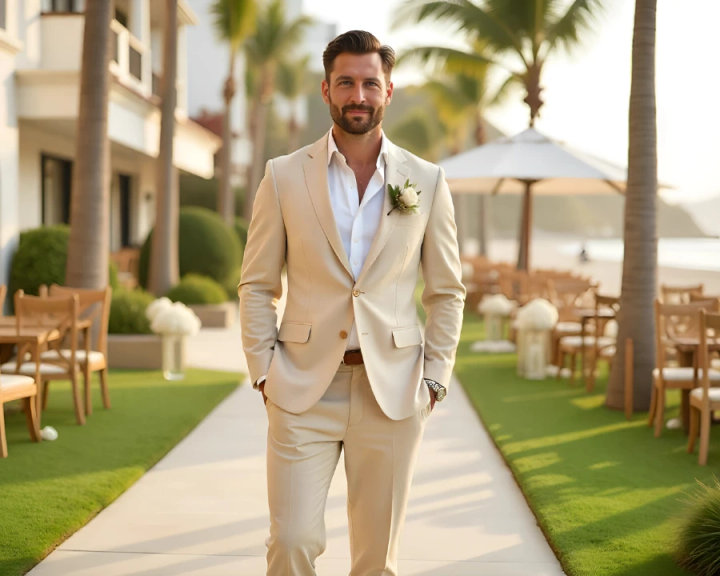 Beige Wedding Suit with Open-Collar White Shirt
