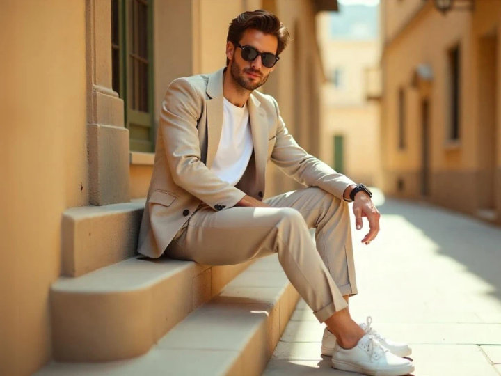 Beige Suit with White T-Shirt and Sneakers