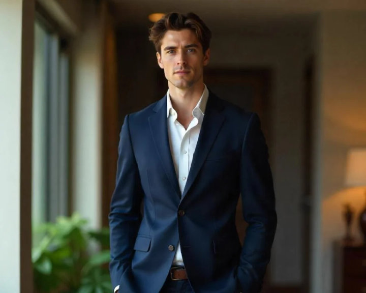 Navy Blue Suit with Open-Collar White Shirt