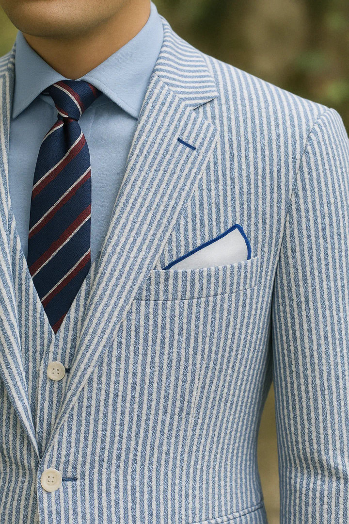 Blue Three-Piece Seersucker Suit with Blue Shirt