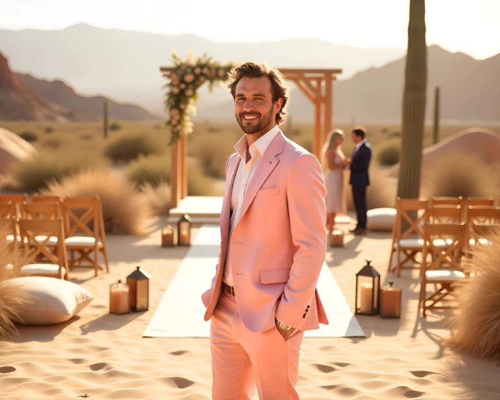 Light Pink Suit with Open-Collar White Shirt