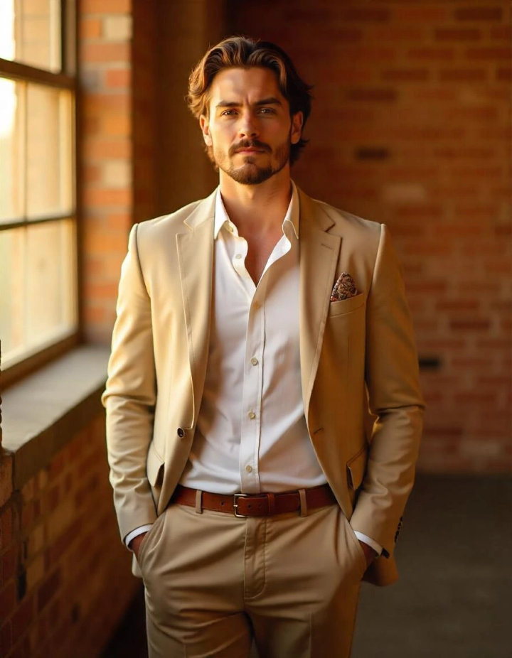 Khaki Summer Suit with White Shirt