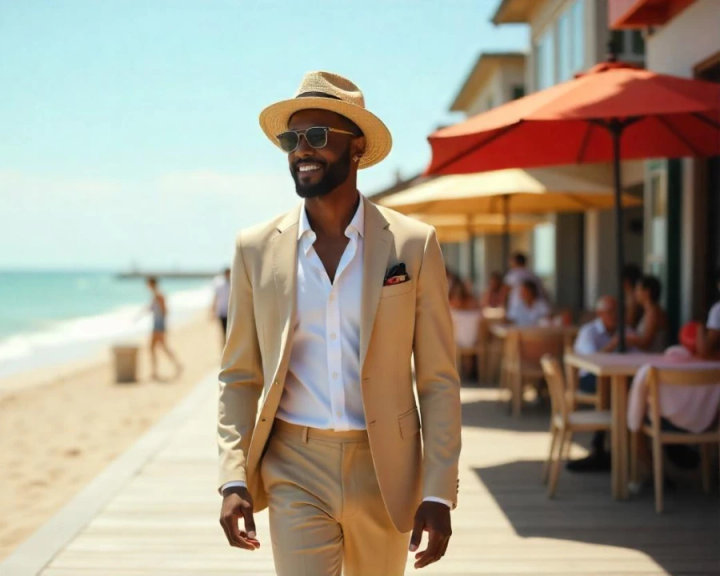 Beige Unlined Cotton Suit with White Shirt and Hat