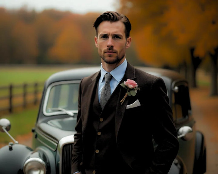 Brown Three-Piece Suit with Blue Shirt