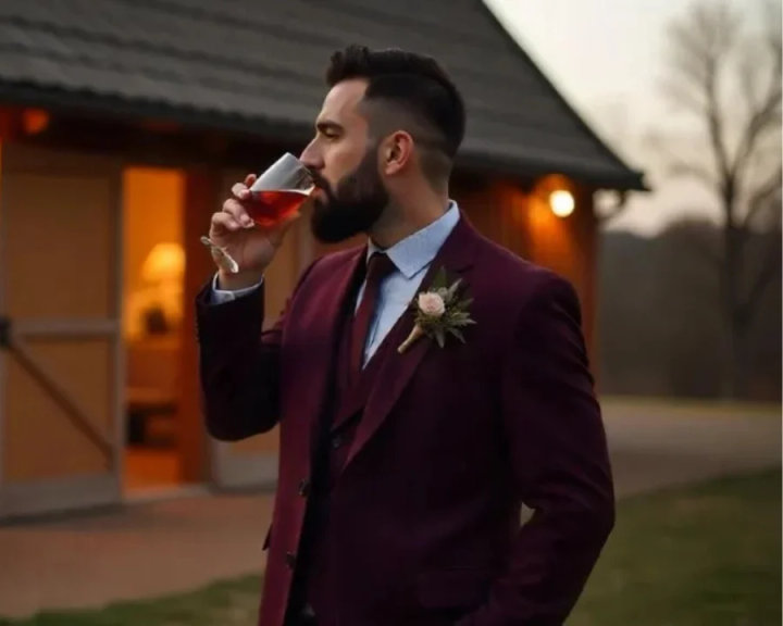 Burgundy Cotton Three-Piece Suit with White Shirt and Burgundy Tie