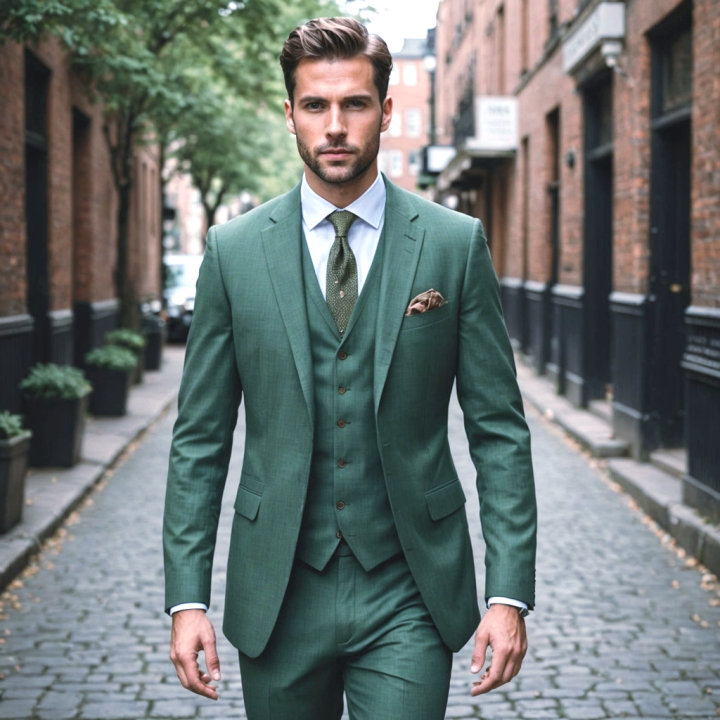 Green Three-Piece Suit with White Shirt