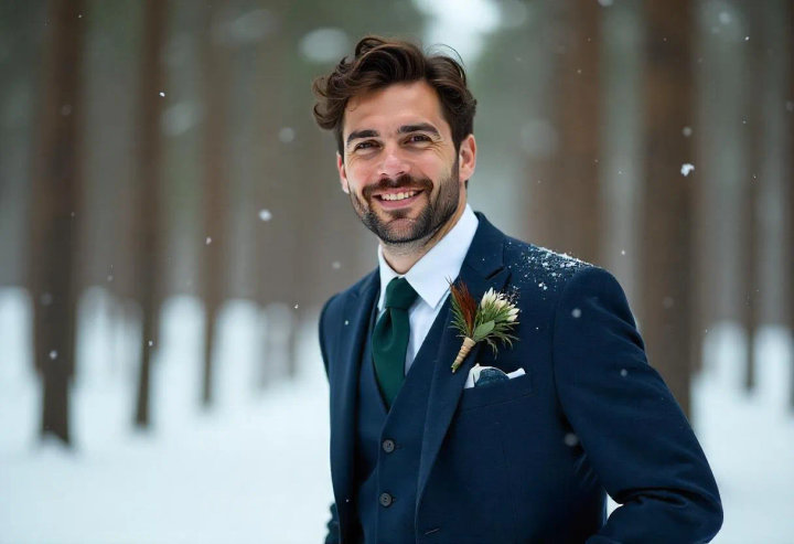 Navy Blue Three-Piece Suit with Peak Lapels and White Shirt