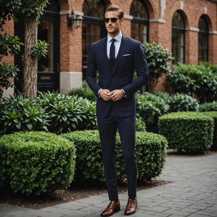 Dark Blue Three-Piece Suit with White Shirt and Tie