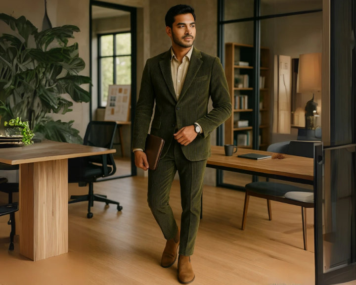 Olive Green Corduroy Suit with Ivory Shirt