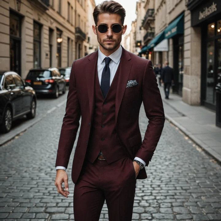 Burgundy Three-Piece Suit with White Shirt and Black Tie