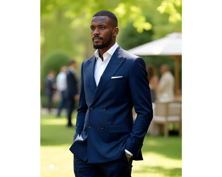 Blue Double-Breasted Suit with Open-Collar White Shirt