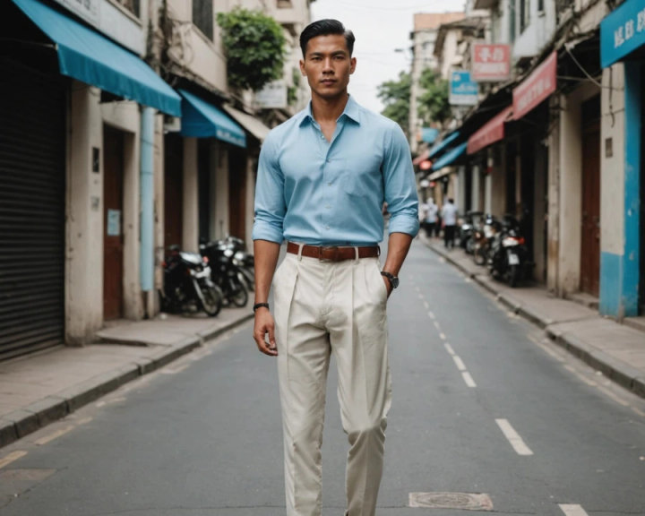 Beige Pleated Trousers with Blue Shirt