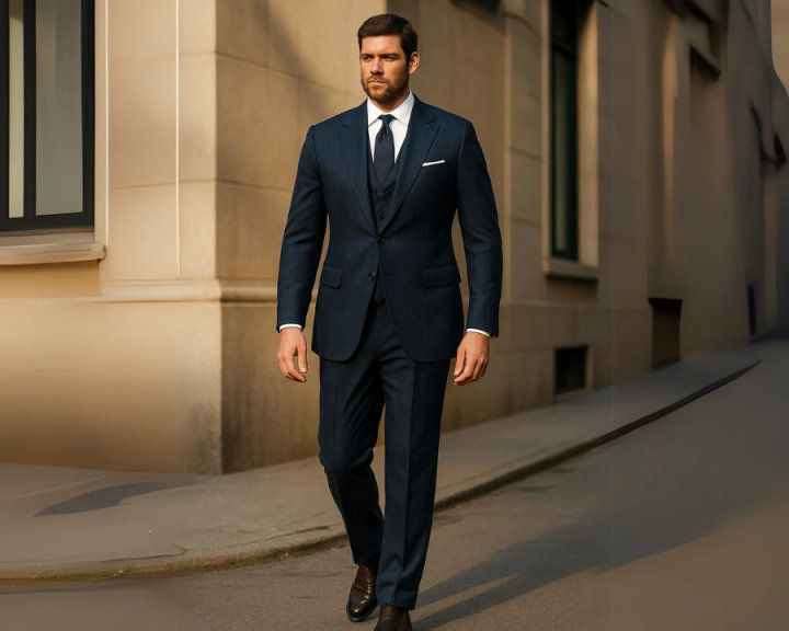 Big and Tall Navy Blue Three-Piece Suit with White Shirt