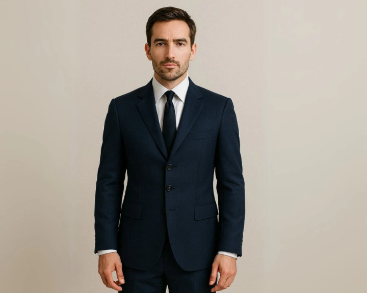 Classic Navy Blue Three-Button Suit with White Shirt