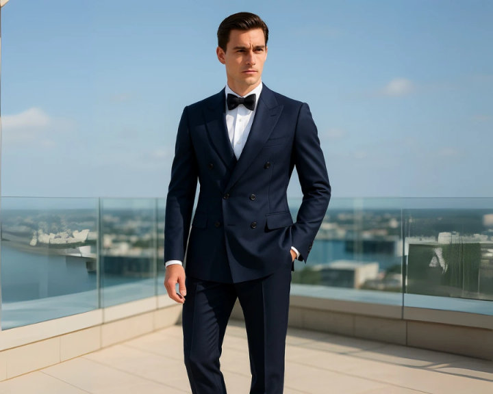 Navy Double-Breasted Wedding Suit with White Shirt and Bow Tie