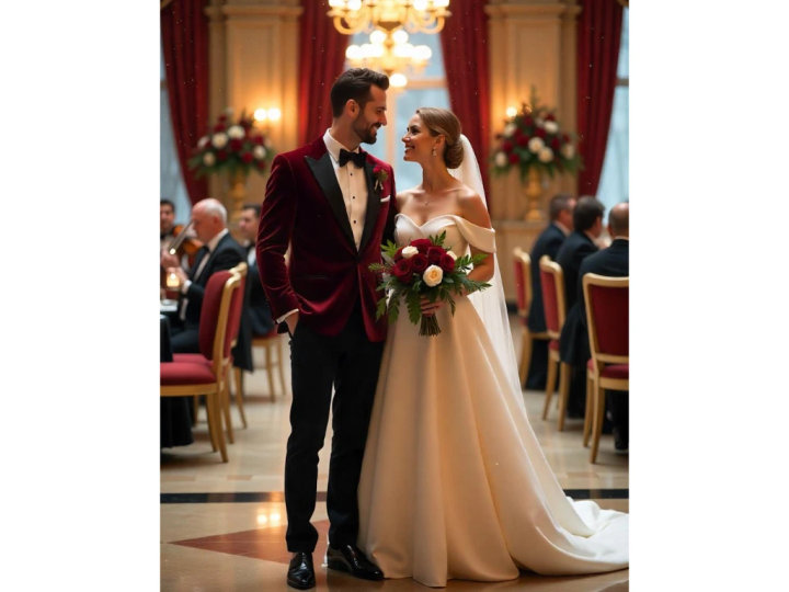 Burgundy Velvet Tuxedo with White Shirt and Black Pants
