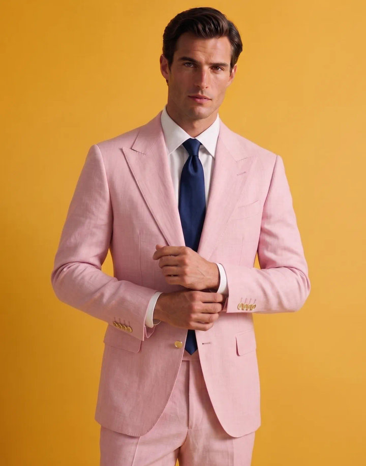 Pink Summer Suit with White Shirt and Blue Tie