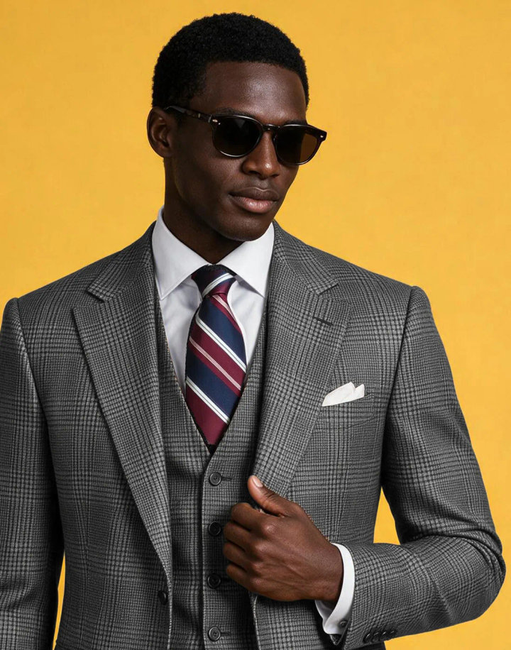 Black Plaid Three-Piece Suit with White Shirt