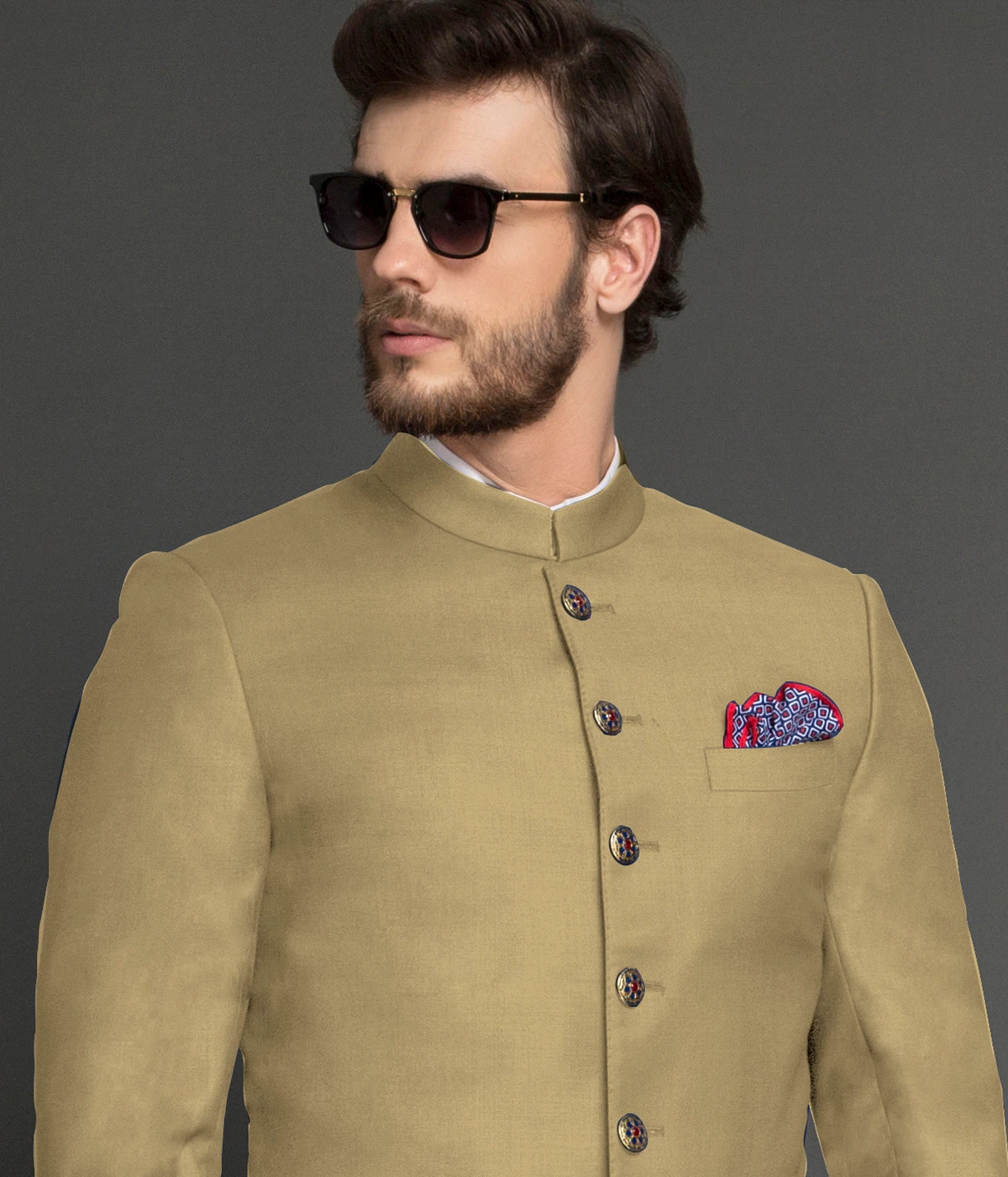 Golden Khaki Wool Achkan-1