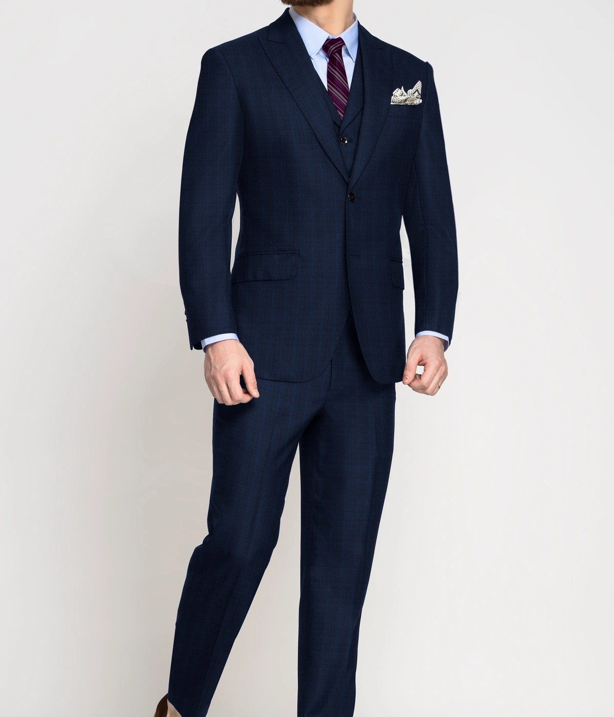 Navy Blue Checks Wool Suit- view-2