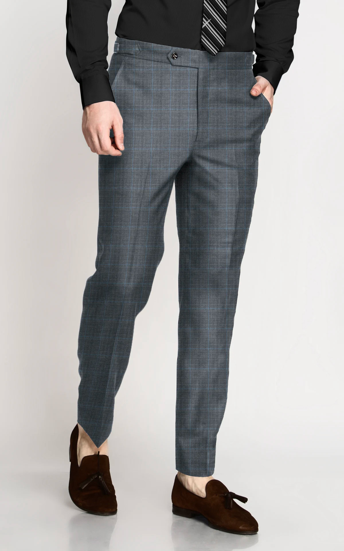 Grey Windowpane Checks Wool Pants
