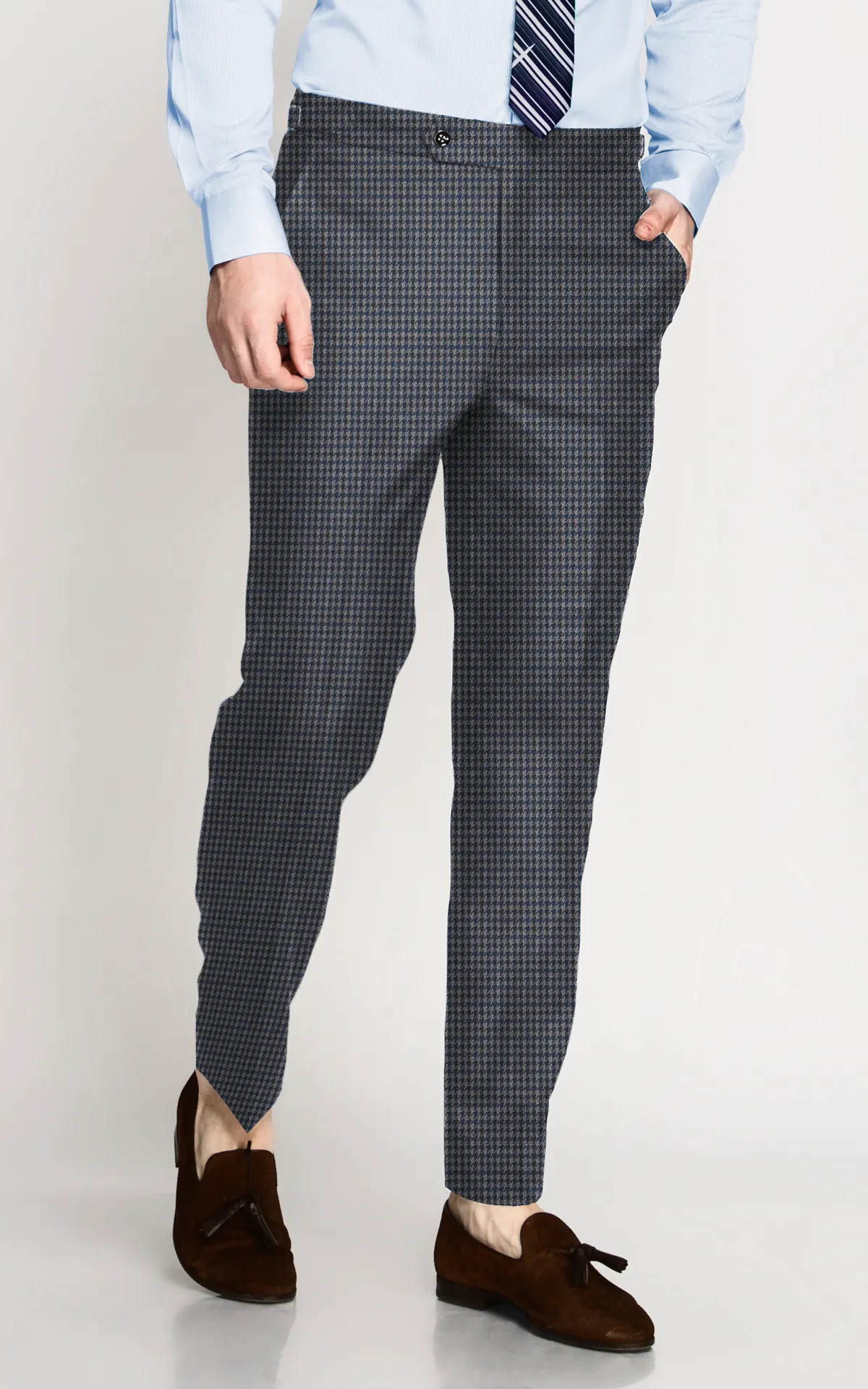 Blue Grey Houndstooth Wool Pants