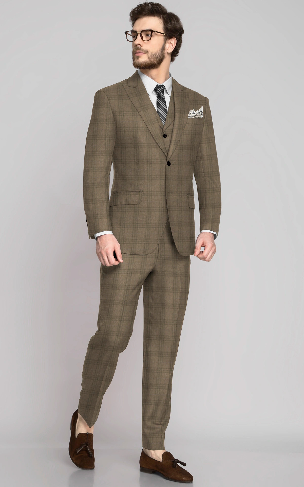 Sand Brown Checks Wool Suit