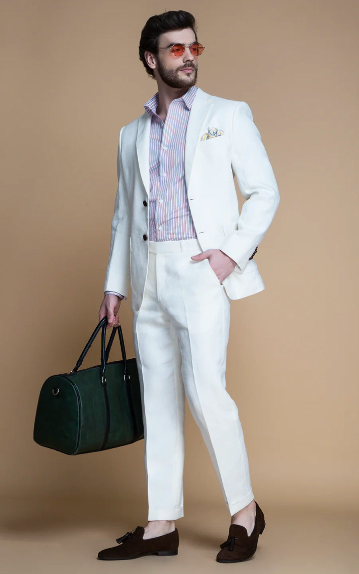 Off-White Linen Suit with Red and Blue Striped Shirt