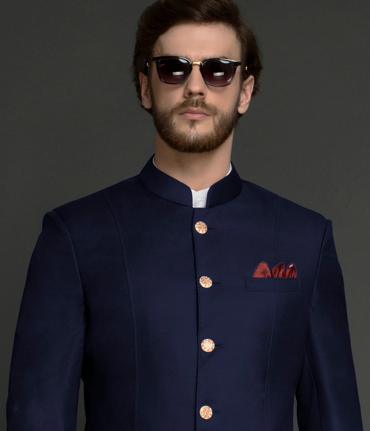 MK boutique - A classic navy blue bandhgala suit paired with white pant!  This velvet bandhgala is perfect for the occasion. Visit our boutique to  explore more unique design at MK BOUTIQUE #