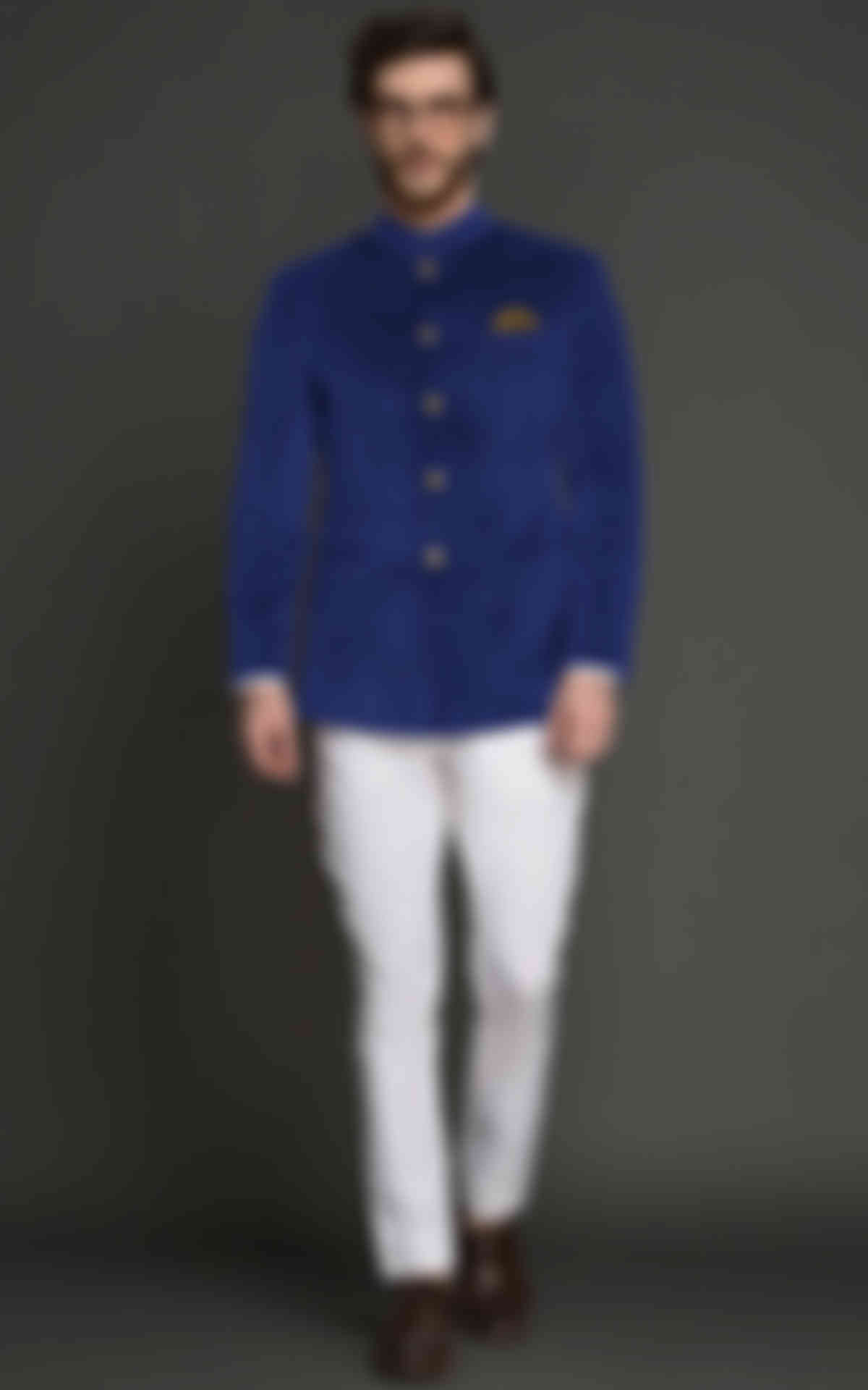 Stately Royal Blue Velvet Jodhpuri Suit