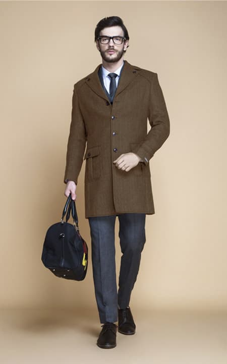 Brown Herringbone Wool Overcoat