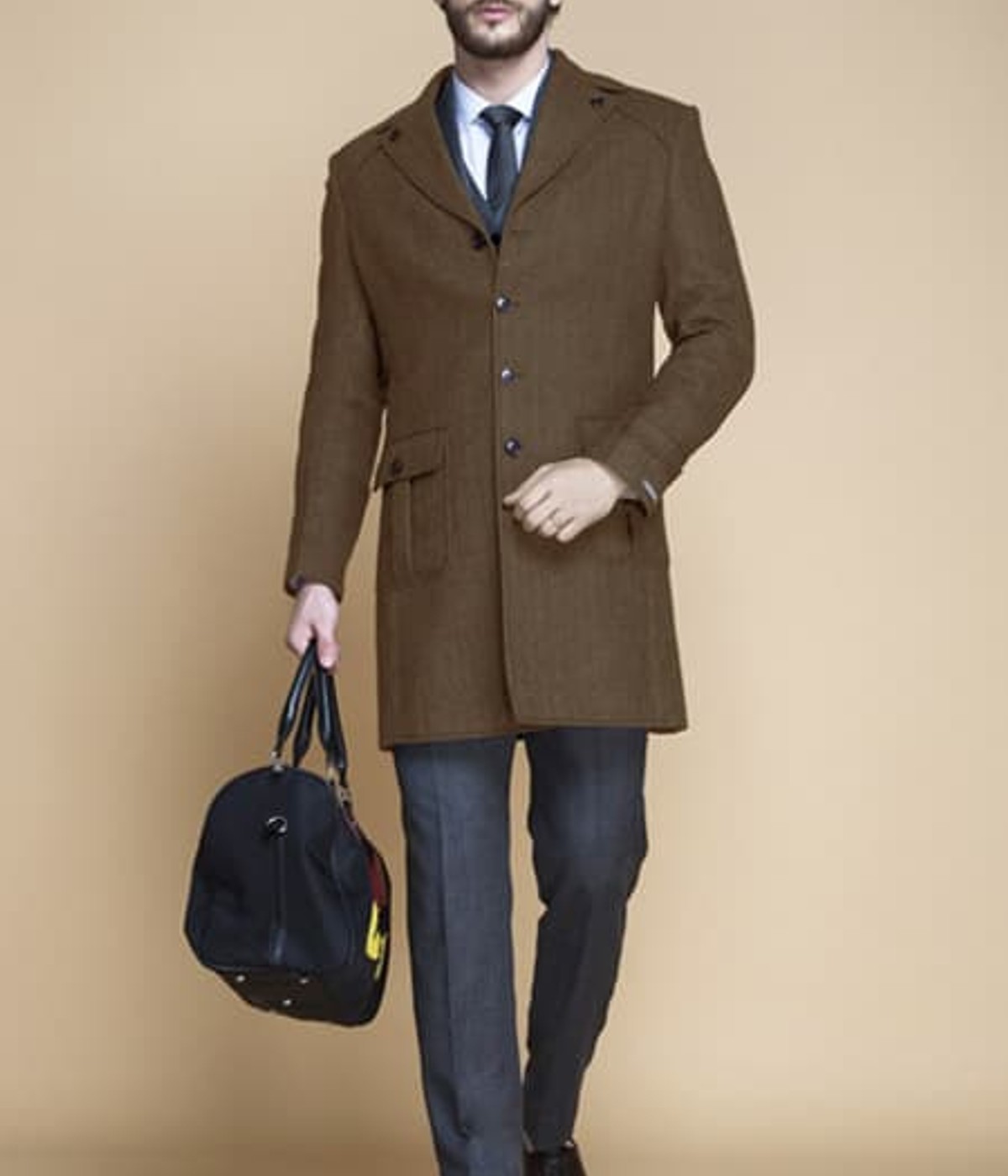 Brown Herringbone Wool Overcoat- view-1
