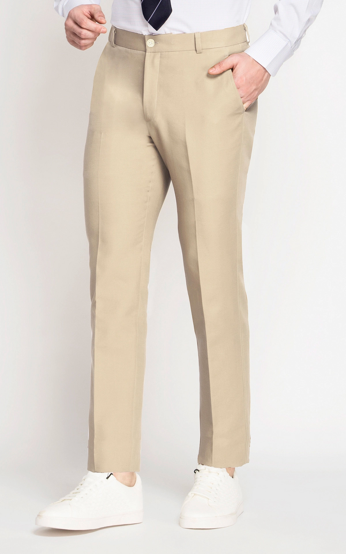 Belted Fit & Flare Trousers - Cream - Pomelo Fashion