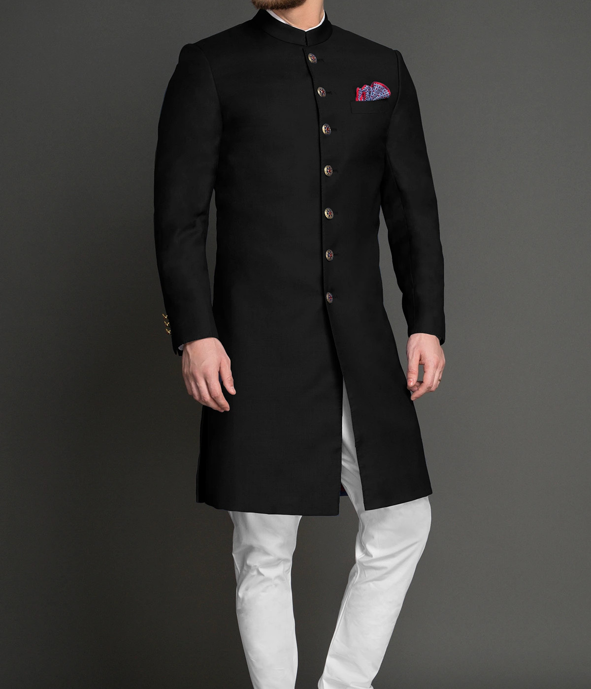 Black Classic Wool Custom Achkan- view-2