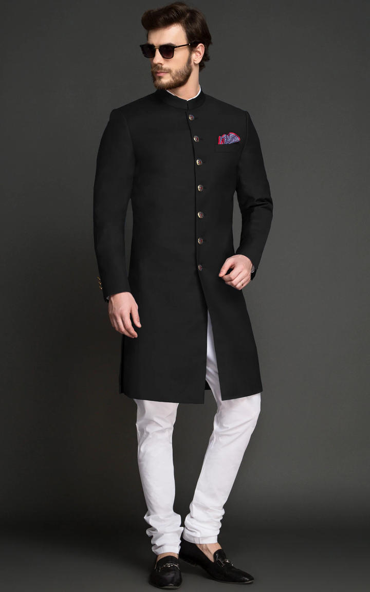 Deep Black Wool Achkan image